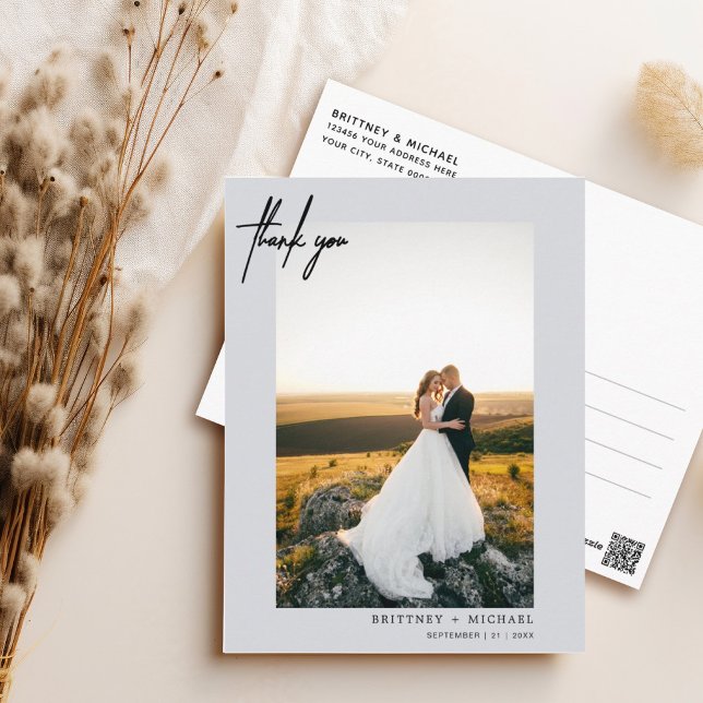 Hand-Lettered Simple Photo Grey Thank You Postcard (Elegant hand lettered thank you wedding postcard with a minimalistic design perfect for any couple.)
