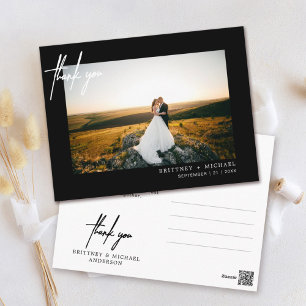 Hand-Lettered Simple Photo Thank You Black Postcard