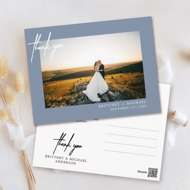 Hand-Lettered Simple Photo Thank You Dusty Blue Postcard (Creator Uploaded)