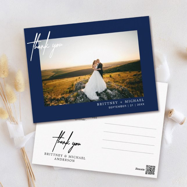Hand-Lettered Simple Photo Thank You Navy Blue Postcard (Creator Uploaded)