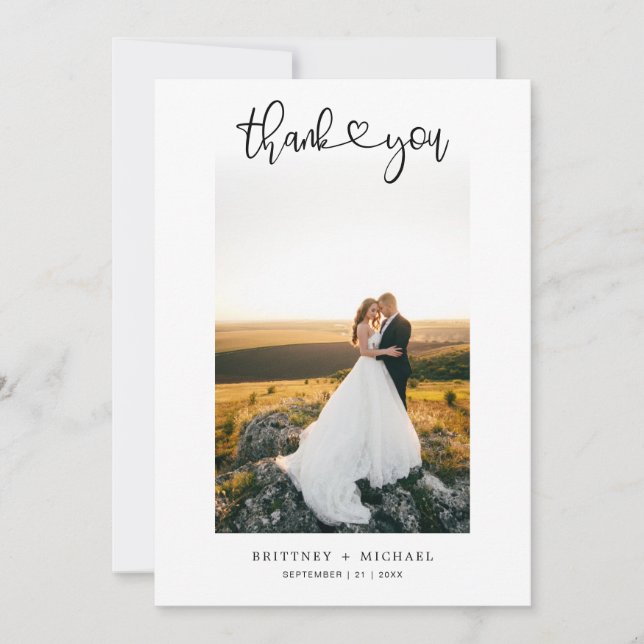 Hand-Lettered Simple Script Heart Photo Thank You Card (Front)