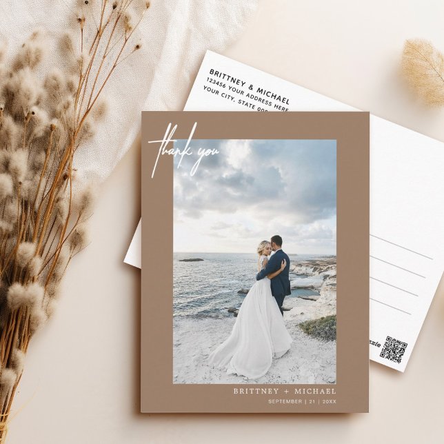 Hand-Lettered Simple Tan Thank you Postcard (Elegant hand lettered thank you wedding postcard with a minimalistic design perfect for any couple.)