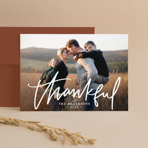 Hand-Lettered Thankful Script Photo Thanksgiving Holiday Card