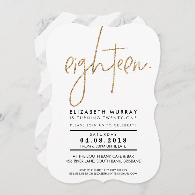 HAND LETTERED TYPE simple gold glitter 18th INVITE (Front/Back)