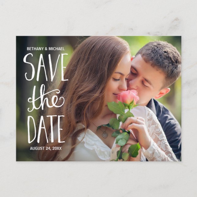 Hand Lettered Typography Photo Save the Date Announcement Postcard (Front)