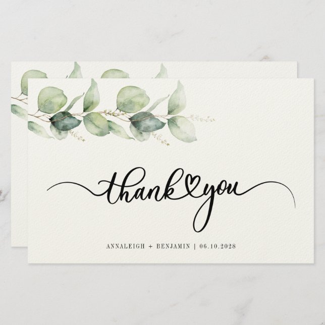 Hand-Lettered Wedding Thank You Eucalyptus Foliage Stationery (Front/Back)