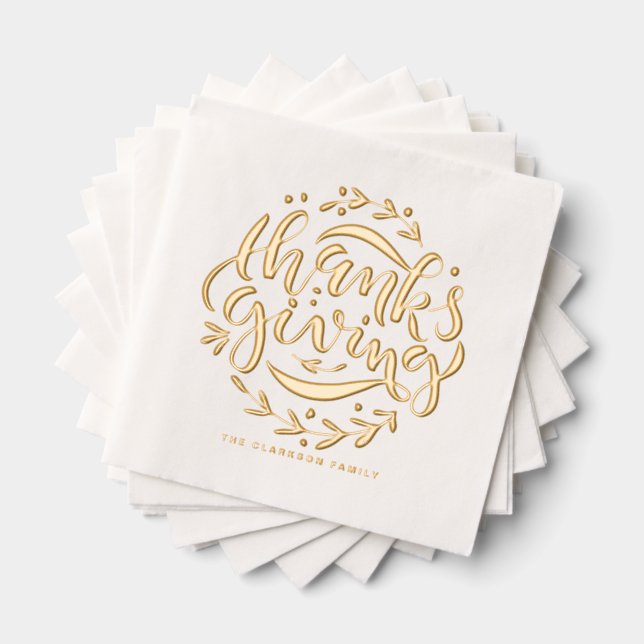 Hand Lettered Wreath Thanksgiving Foil Napkins (Insitu (Stacked))