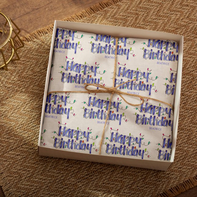 Hand Lettering Dusty Blue Customised Birthday Tissue Paper (Happy Birthday Dusty Blue Lettering Tissue Paper)