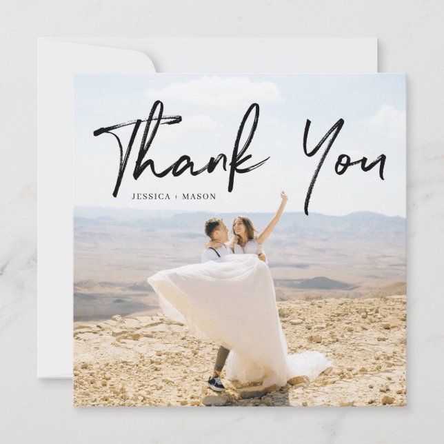 Hand Lettering Photo Square Wedding Thank You Card (Front)