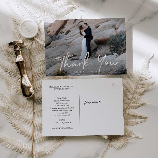Hand Lettering Photo Wedding Thank You Postcard (Creator Uploaded)
