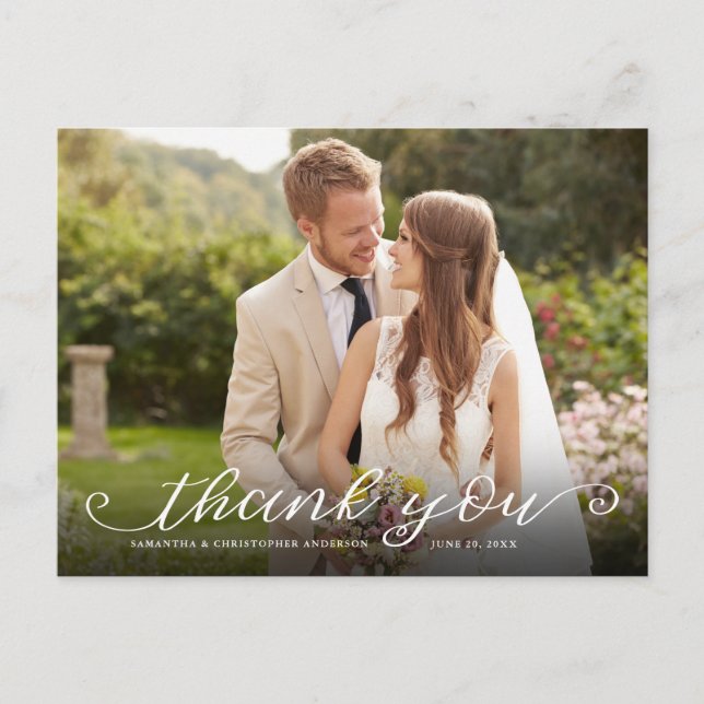 Hand Lettering Two Photo Wedding Thank You Postcard (Front)