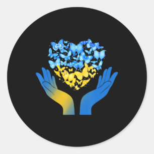 Hand Love Heart Butterfly Ukrainian Flag Stand Wit Classic Round Sticker