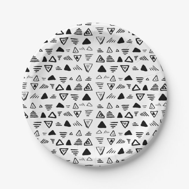 Hand made black white paint aztec pattern paper plate (Front)