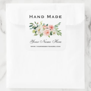Hand Made Pink White Watercolor Floral Small Square Sticker