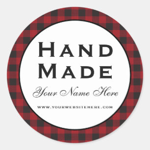 Hand Made Red Plaid Classic Round Sticker