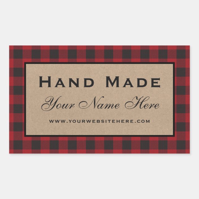 Hand Made Red Plaid Kraft Rectangular Sticker (Front)
