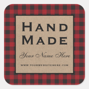 Hand Made Red Plaid Kraft Square Sticker
