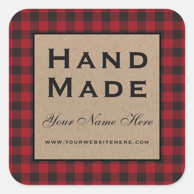 Hand Made Red Plaid Kraft Square Sticker (Front)