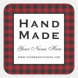 Hand Made Red Plaid Square Sticker