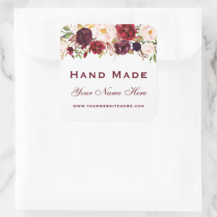 Hand Made Watercolor Floral Burgundy Small Square Sticker