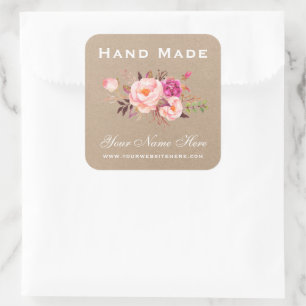 Hand Made Watercolor Pink Floral Kraft Small Square Sticker