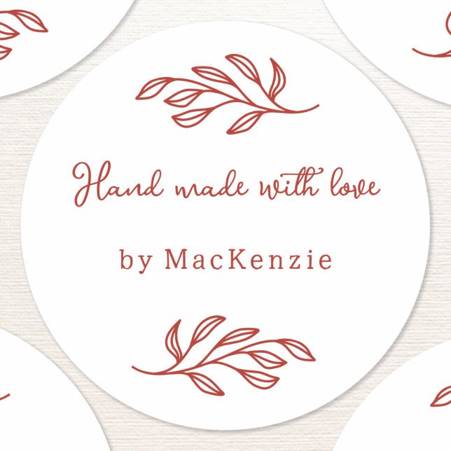 Hand Made With Love Botanical Leaf  Classic Round Sticker (Modern red and white personalized Handmade with Love sticker for bakers and makers. Festive and fun)