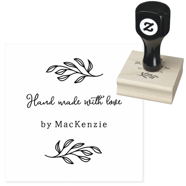 Hand Made With Love Botanical Line Art Custom Name Rubber Stamp (Hand Made with Love custom name botanical leaf line art small business maker rubber stamp)