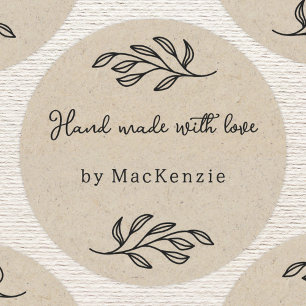 Hand Made With Love Brown Paper Botanical Leaf  Classic Round Sticker
