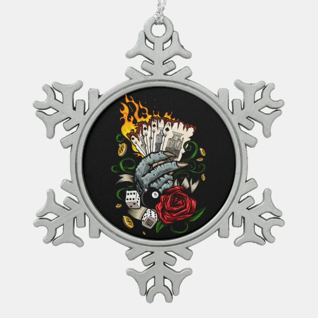 Hand Of Cards Snowflake Pewter Christmas Ornament (Front)