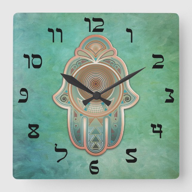 Hand of Miriam (Hamsa) in Copper and Green Square Wall Clock (Front)