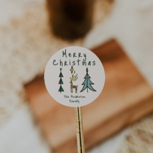 Hand Painted Abstract Christmas Tree Reindeer Classic Round Sticker