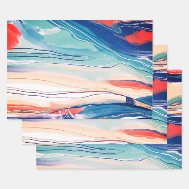 Hand painted abstract painting marbled blue sand wrapping paper sheet (Set)