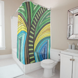 Hand Painted Abstract Tree and Geometry Design Shower Curtain
