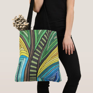 Hand Painted Abstract Tree and Geometry Design Tote Bag