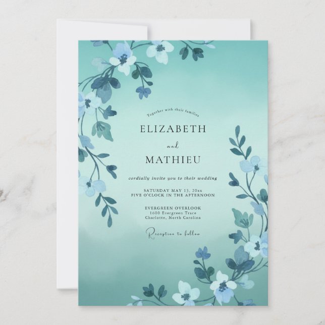 Hand Painted Aqua Leafy Wedding Invitation (Front)