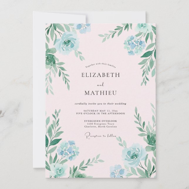 Hand Painted Aqua Mint Leafy Wedding Invitation (Front)