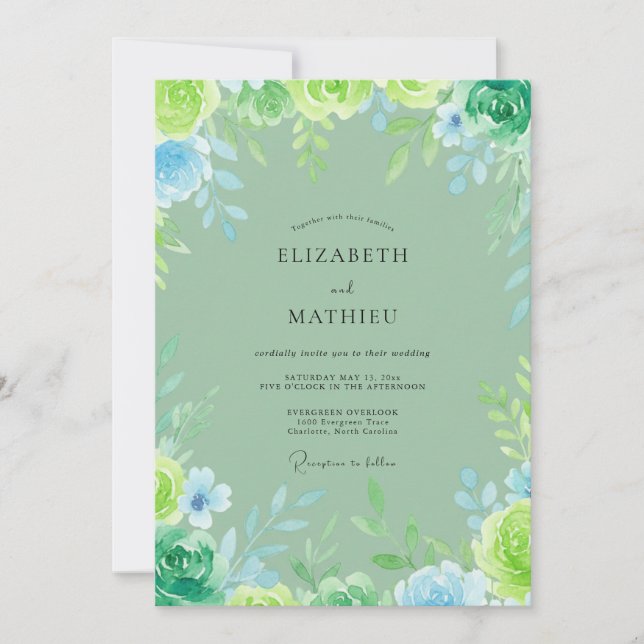 Hand Painted Aqua Turquoise Leafy Wedding Invitation (Front)