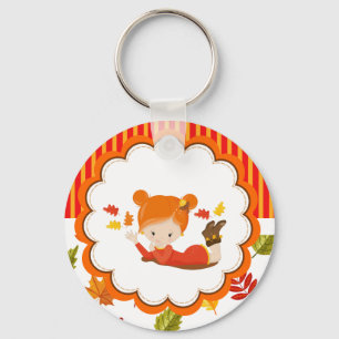 Hand Painted Autumn Adorable Girl Key Ring