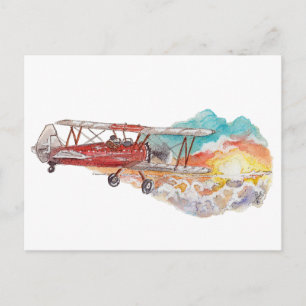 Hand Painted Biplane Bush Plane Sunset Watercolor Postcard