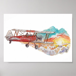 Hand Painted Biplane Bush Plane Sunset Watercolor Poster