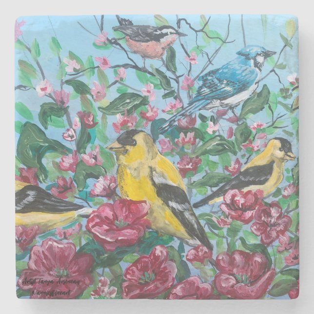 Hand Painted Birds In Nature Stone Coaster (Front)