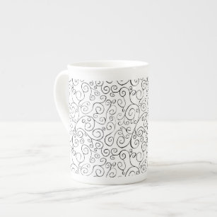 Hand-Painted Black Curvy Pattern on White Bone China Mug