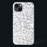 Hand-Painted Black Curvy Pattern on White iPhone 13 Case<br><div class="desc">Hand-painted black curves swirl,  meet,  and diverge in this all-over repeat design on a white background. The curvy lines end with scroll designs. The decorative image is both free flowing and delicate. 

 

 Watercolor painting,  scanned. 
 Copyright © 2014 Claire E. Skinner. All rights reserved.</div>