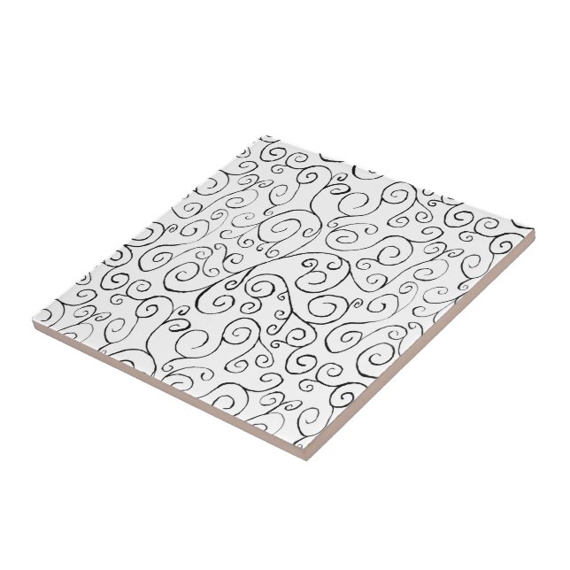 Hand-Painted Black Curvy Pattern on White Ceramic Tile (Side)