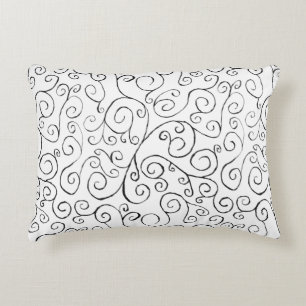 Hand-Painted Black Curvy Pattern on White Decorative Cushion