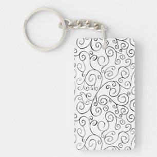 Hand-Painted Black Curvy Pattern on White Key Ring