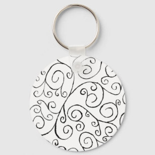 Hand-Painted Black Curvy Pattern on White Key Ring