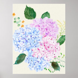 Hand painted blue and pink hydrangea poster