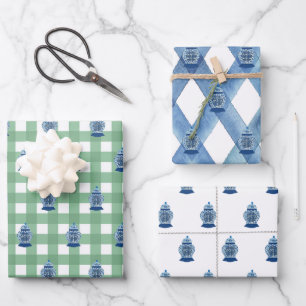 Hand Painted Blue and White Ginger Jar Wrapping Paper Sheet