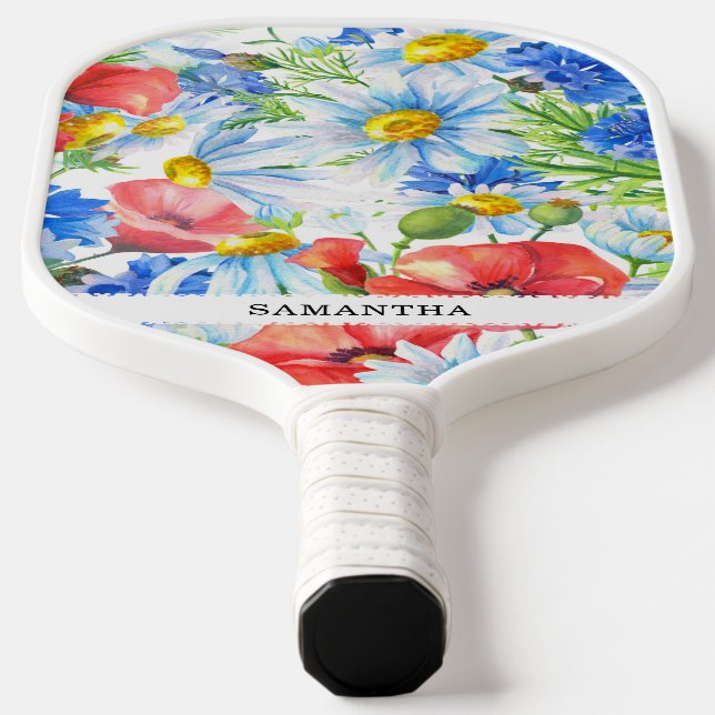 Hand painted blue daisies and poppy garden pickleball paddle (Laydown)
